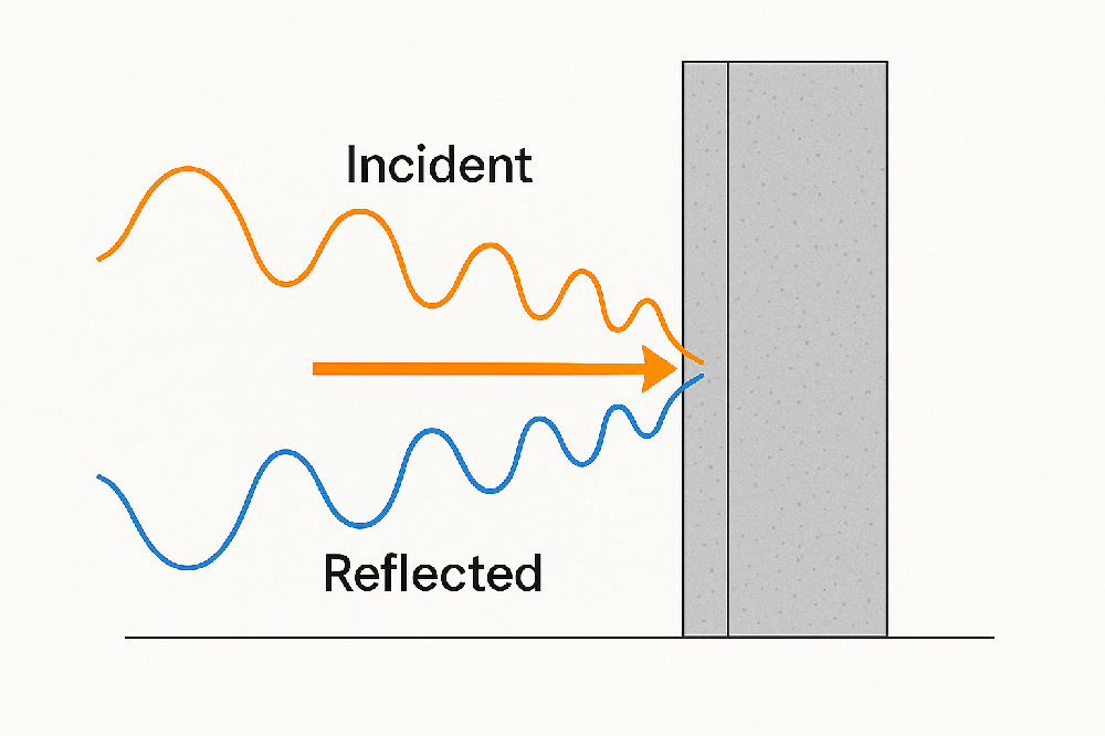 Illustration of sound waves reflecting off a flat concrete wall, showing incident and reflected paths with clear labeled arrows.